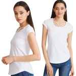 LUŹNY T-SHIRT DAMSKI BLUZKA BIAŁY OZDOBNY DEKOLT BASIC KRÓTKI RĘKAW XL