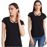 LUŹNY T-SHIRT DAMSKI BLUZKA CZARNY OZDOBNY DEKOLT BASIC KRÓTKI RĘKAW ROZ. M
