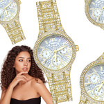 ELEGANCKI ZŁOTY ZEGAREK DAMSKI CYRKONIE KWARCOWY BRANSOLETA NA PREZENT