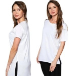 LUŹNY T-SHIRT DAMSKI BIAŁY PROSTY DŁUGI Z ROZCIĘCIEM BASIC KRÓTKI RĘKAW M