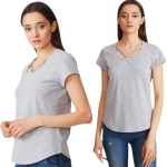 LUŹNY T-SHIRT DAMSKI BLUZKA SZARY OZDOBNY DEKOLT BASIC KRÓTKI RĘKAW ROZ.L