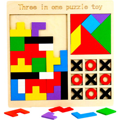 Drewniana Gra Logiczna Kółko i Krzyżyk + Tetris + Tangram (3 gry w 1)