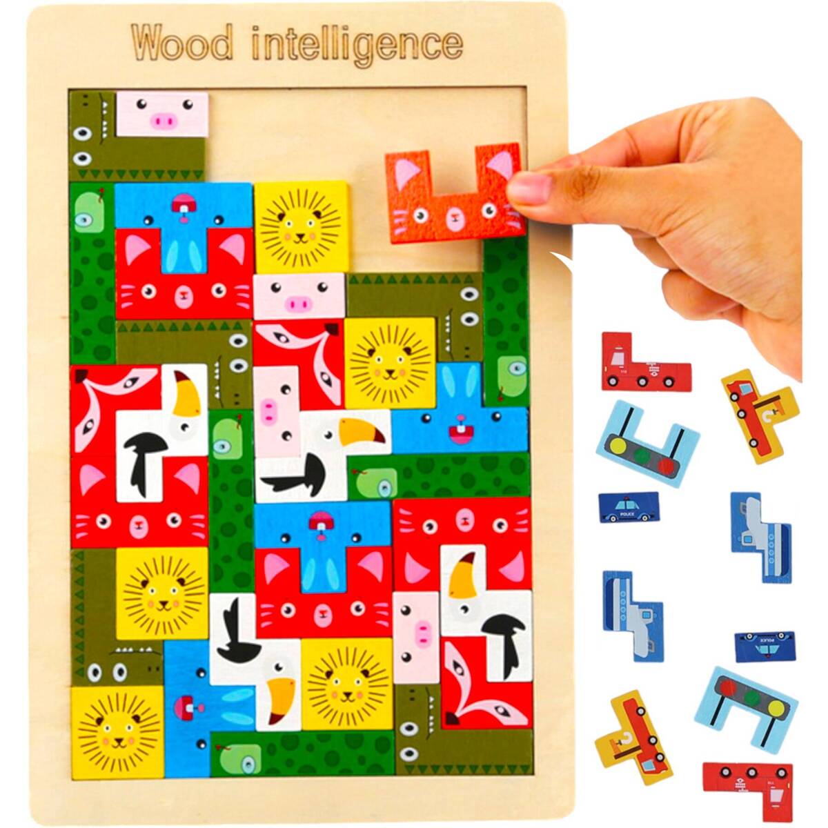 Drewniana gra logiczna Tetris "Wood Inteligence" - 4 wzory Pojazdy , Zawody , Zwierzęta , Owoce