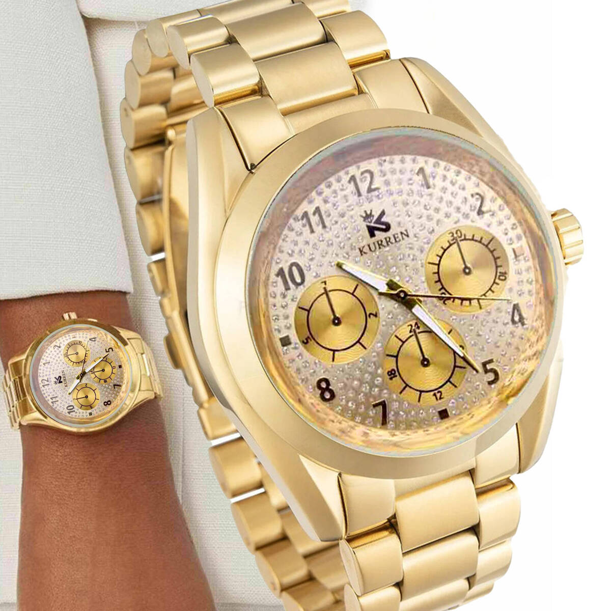 Klasyczny Duży Złoty Damski Zegarek Kurren Bransoleta