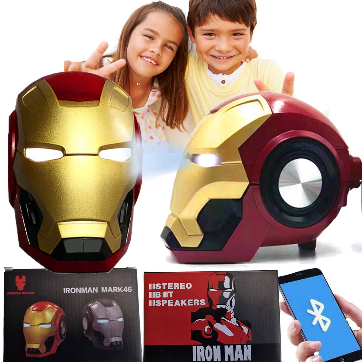 Przenośny Głośnik Bluetooth Iron Man Świecące Elementy, 3W Moc, Radio, Kompaktowy, 5h pracy